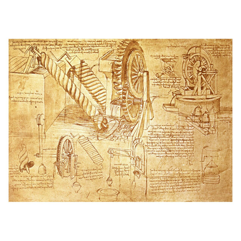 Fac-similé du Codex Atlanticus fol. 386r: Archimède vis et roues à eau 1478-1518 par Leonardo Da Vinci - estampe numérique