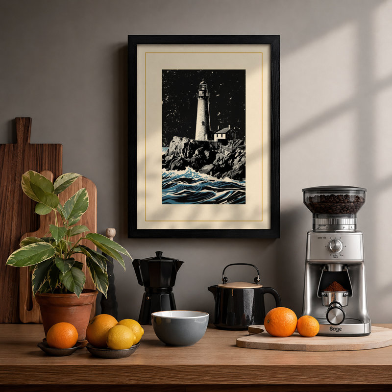 Lighthouse Beacon Coastal - Framed Print, A2 - 59.4 x 42.0 cm, Black