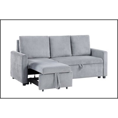 70"W Grey Corduroy Sofa With Pull-Out Chaise