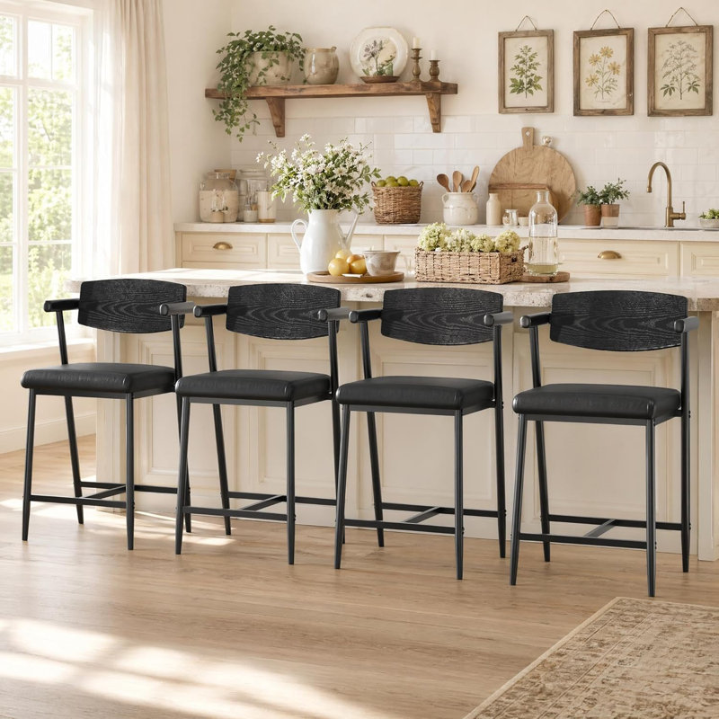 Bar Stools Set of 8, 26" Counter Chairs with Wood Back & Arms, Rustic Black