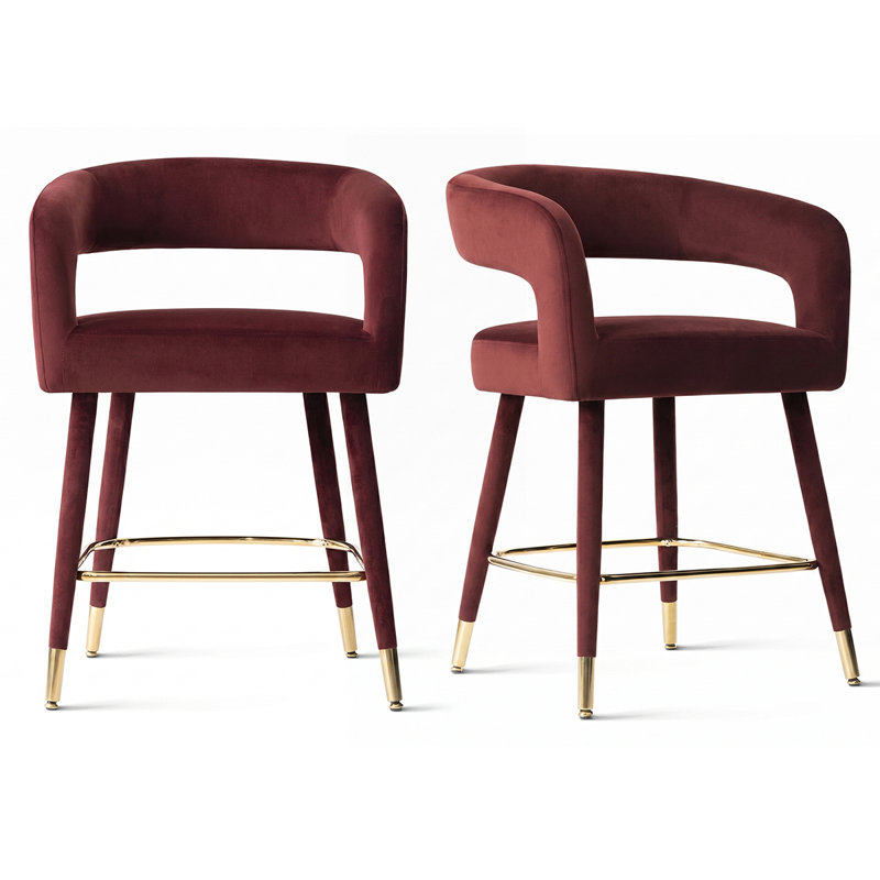 24" Velvet Counter Height Bar Stools With Gold Footrest, Burgundy