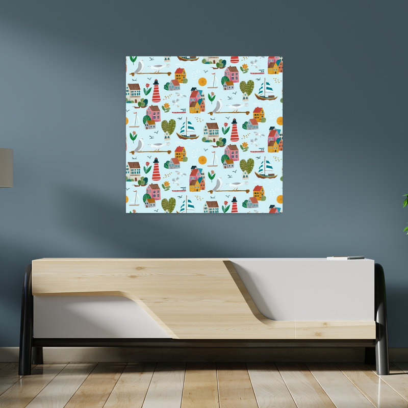 Coastal Village Colorful Peaceful Whimsical Seagull Bird Coastal Landscape Wall Art Print, 91.44cm H x 91.44cm W