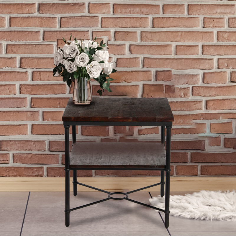 Saratoga Rustic Solid Wood and Metal End Table with Storage Shelf, Gray