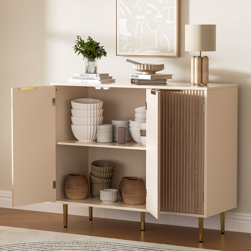 Fluted Buffet Sideboard With 3 Doors, Modern Accent Cabinet With Adjustable Shelves, Kitchen Storage With Golden Handles, Coffee Bar For Kitchen, Dining Room