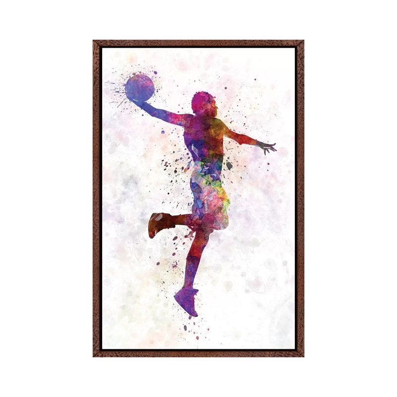 Young Man Basketball Player One Hand Slam Dunk by Paul Rommer - Painting on Canvas, Classic Brown Wood Framed
