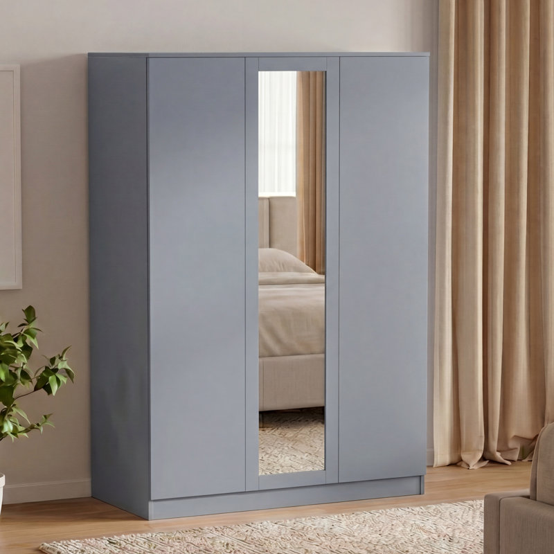 Modern 3 Door Mirrored Wardrobe with Hanging Rail for Bedroom Storage & Organisation, Grey