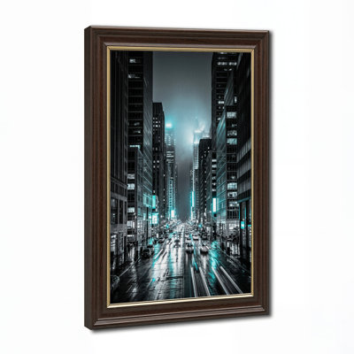 Art mural sur toile Wet City Street with Teal Lights