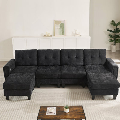 Canapé modulaire moderne en U de 115 po avec deux repose-pieds mobiles, ports USB et tables d'appoint pour le salon, noir