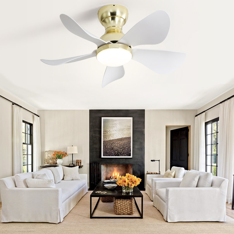 Kemp 29" 5-ABS-Blade Small Classic Flush Mount Ceiling Fan with LED Lights and Remote, Gold/Gray