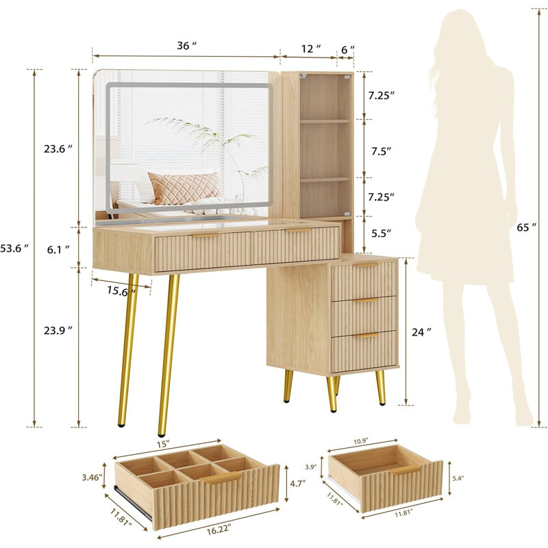 Bureau de coiffeuse 48 po avec miroir 3 lumières, plateau de coiffeuse en verre et prise de courant - coiffeuse moderne pour chambre à coucher