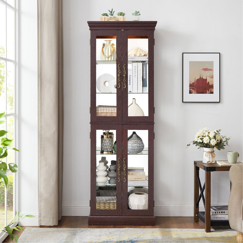Lighted Glass Curio Display Cabinet,Display Cabinet,Glass Storage Cabinet Glass Wine Cabinet Wood Frame Toy Display For Living Room, Kitchen, Pantry Light Bulb Included