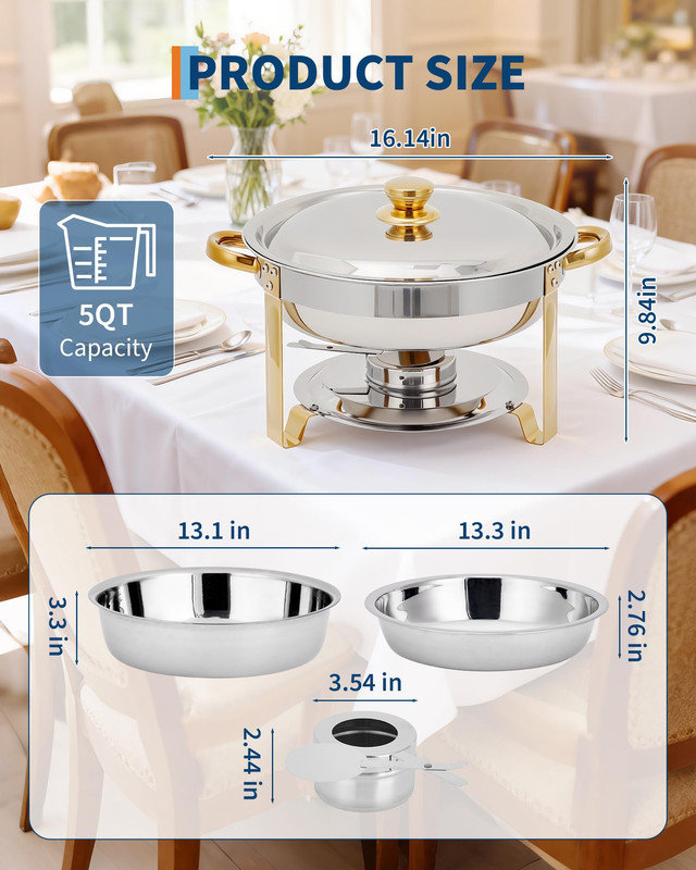 Ensemble de 6 chauffe-plats ronds en acier inoxydable avec couvercle et bac à eau pour les fêtes, les mariages et la restauration, paquet de 6