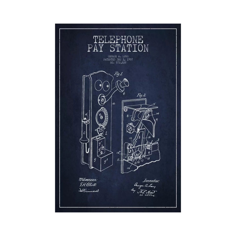 Long Telephone Blue Patent Blueprint by Aged Pixel - Gallery-Wrapped Canvas Giclée on Canvas, Canvas, 20.32 cm H x 30.48 cm W