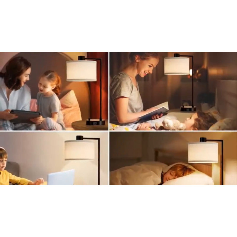 Black Iron Table Lamp Set with USB Ports and Linen Shades