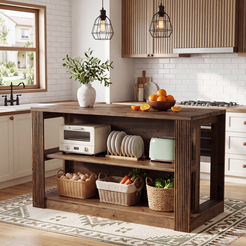 Îlot de cuisine en bois massif de 55 pouces avec rangement, table pour îlot de ferme avec abri ouvert à 2 niveaux