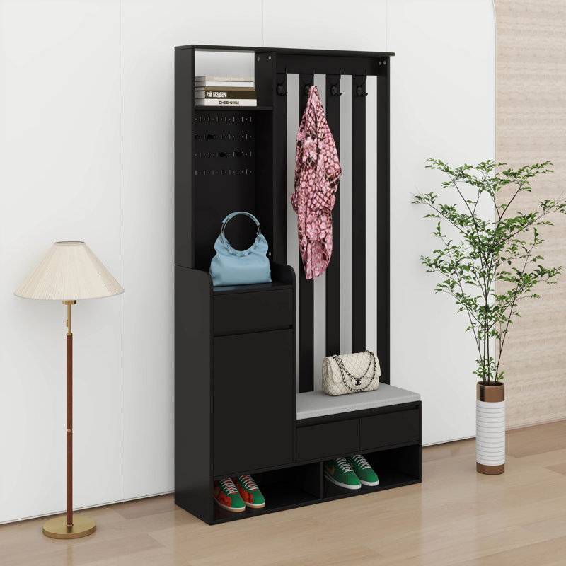 Rangement pour arbre d'entrée avec banc de rangement rembourré, armoire à chaussures multifonctionnelle avec panneau perforé, portemanteau moderne avec 4 crochets