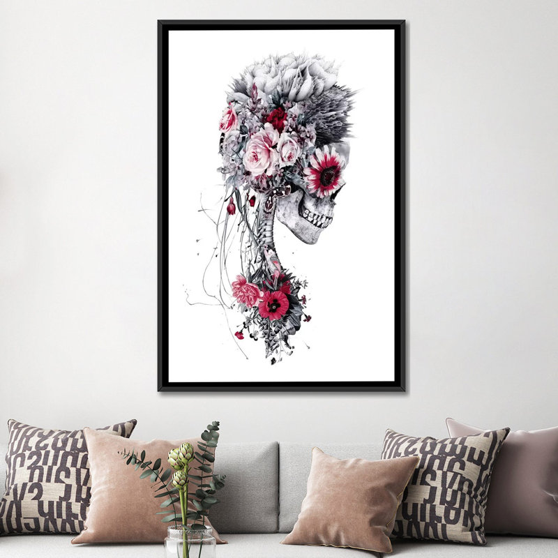 « floral crâne series », impression sur toile, H 48 po x l 32 po x P 1,5 po, Toile avec cadre noir, Pas de tapis