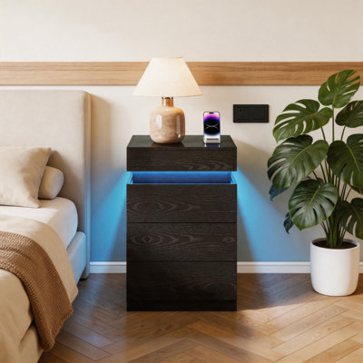 Black 3-drawer Nightstand With Led Lights & Hidden Charging Ports