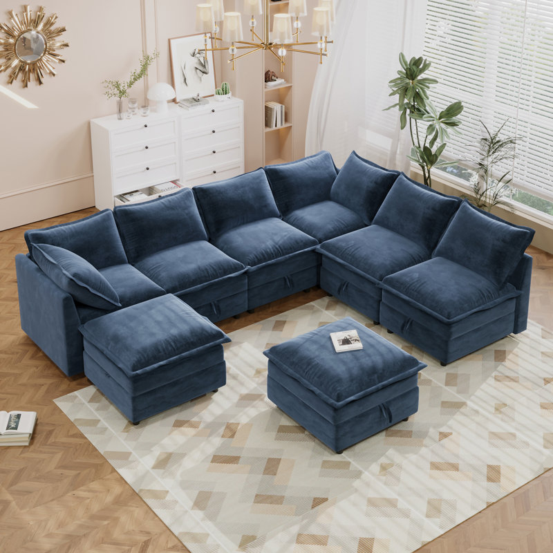 Mirod Versatile 8-Piece Modular Sofa Bed With Storage, Blue Polyester