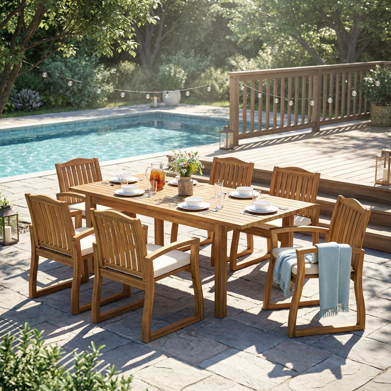7 Pieces Acacia Wood Outdoor Dining Set With Cream Cushions,Modern 6 Chairs  1 Large Table,Dining Furniture Set For Lawn, Backyard, Garden Deck,Poolside