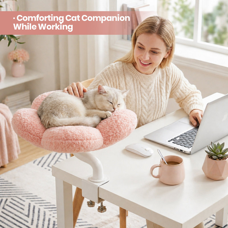 Lit de bureau surélevé pour chat, perchoir de bureau compact pour chats de bureau, s'adapte à toutes les tailles de chat, capacité de poids de 50 lb, fleur rose