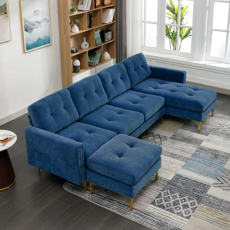 110" L-Shape Convertible Sectional Sofa Couch With Movable Ottoman For Living Room, Blue Velvet