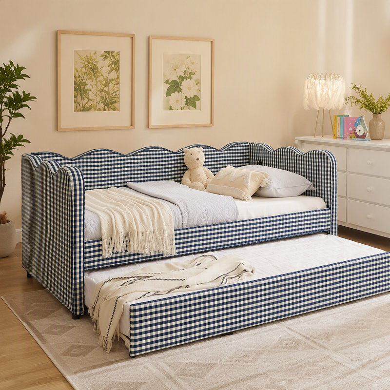 Cozy Gingham Daybed With Trundle Twin Size Sofa Bed No Box Spring Needed, With USB Port And Adorable Wave Shaped, Linen Fabric, Navy