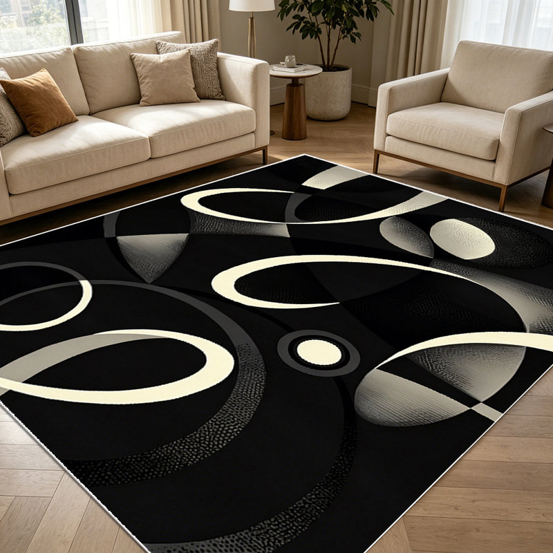 1PC Modern Abstract Black and Beige Geometric Circular Swirl Pattern area rugs for Living Room, Soft and Comfortable, Suitable for all seasons, easy-to-maintain, machine washable Indoor floor mat, Under Table Farmhouse suitable for dining table,