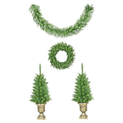 Ensemble de décoration de Noël pré-illuminé pour porche Fraser Hill Farm de 90 cm avec sapins, couronne et guirlande