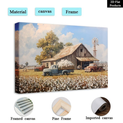  Textured Rustic Barn & Vintage Trucks Cotton Field Wall Art - High-End Farmhouse Decor for Living Room