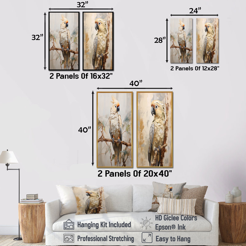 Beige perroquet élégance à plumes - ensemble de salon art mural perroquet de 2, Cadre noir, H 40 po x l 41 po