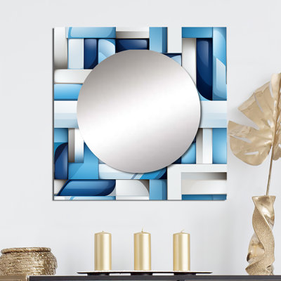 White And Blue Geometric Blocks Harmony II - Modern Large Square Mirror Wall Decor For Bedroom