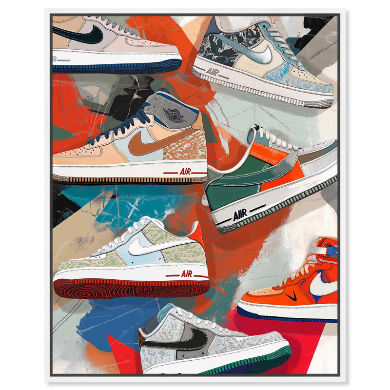 Sneaker, peinture, collage, toile, art tendance par Art Remedy, H 46 po x l 37 po x P 1,8 po, Cadre blanc