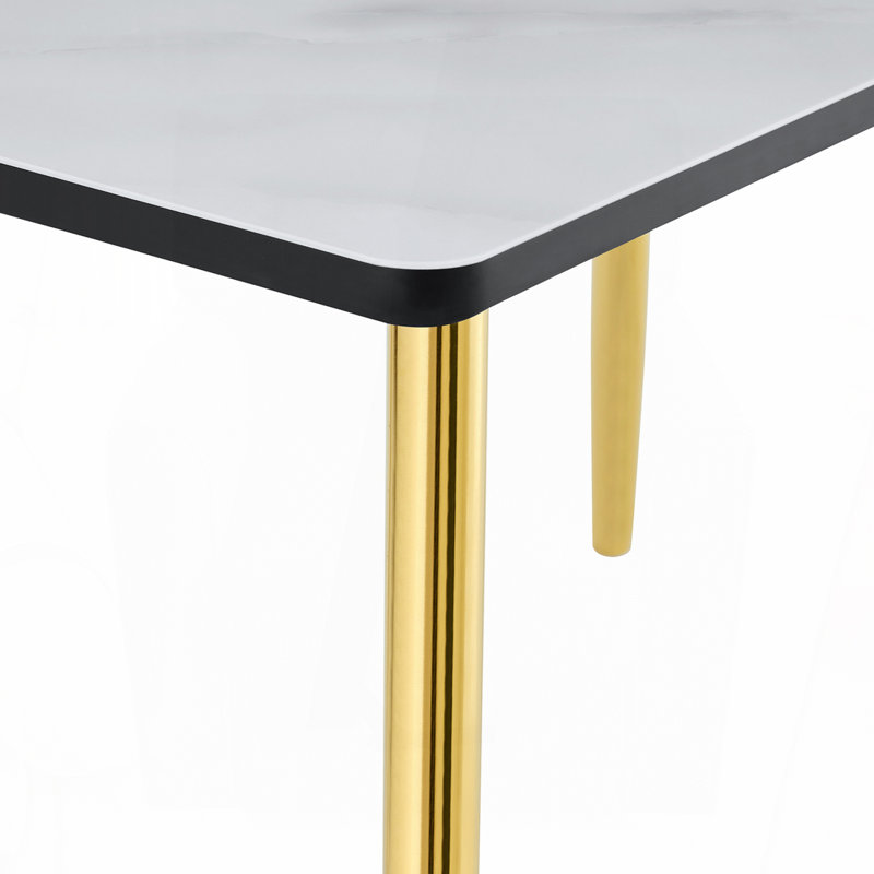 Modern Minimalist Glass Dining Table with Marble Texture & Gold Legs, White/Gold