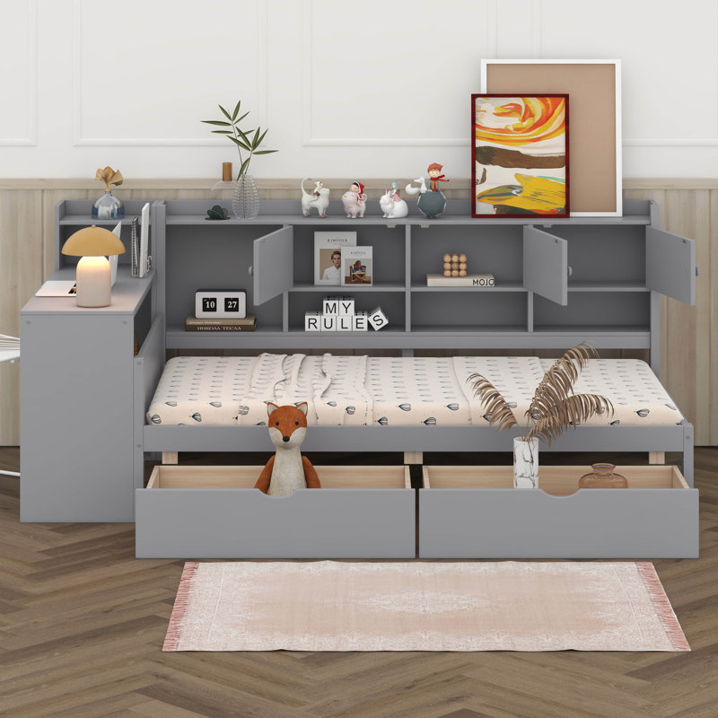 Daybed With Storage Drawers & Bookcase, Wood Corner Bed With Study Desk And Storage, L Shaped Bed, Twin