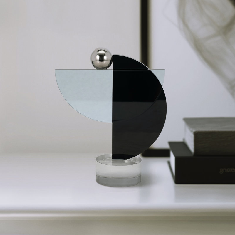 Sleek Modern Decorative Object in Glass and Crystal with Intersecting Semicircles and Metal Sphere on Round Base