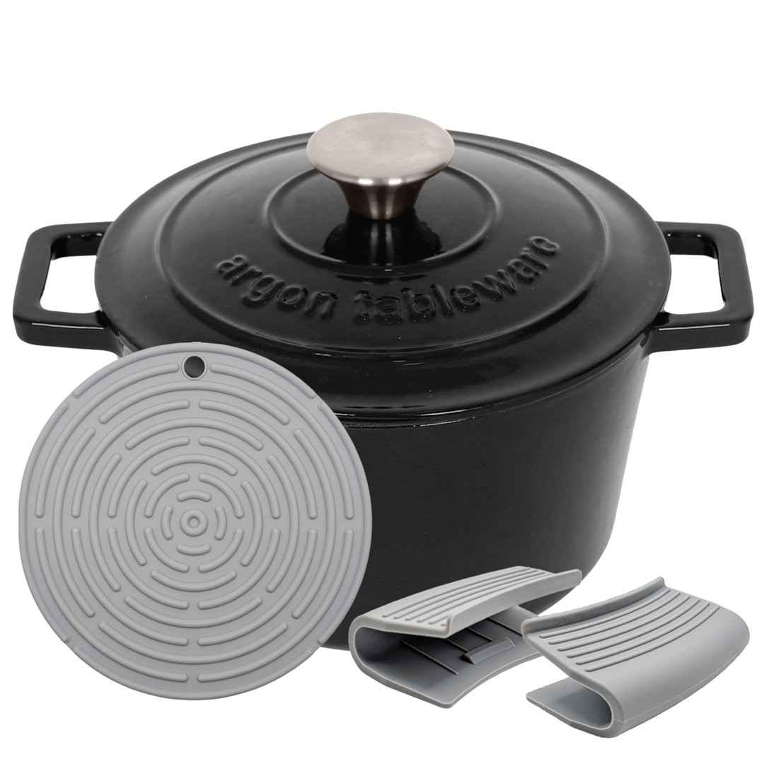 B&Q -  2.8L Round Cast Iron Casserole Dish With Self-Basting LidMatte Black2.95Qt Dutch Oven Roasting Dish Pot - Image 4