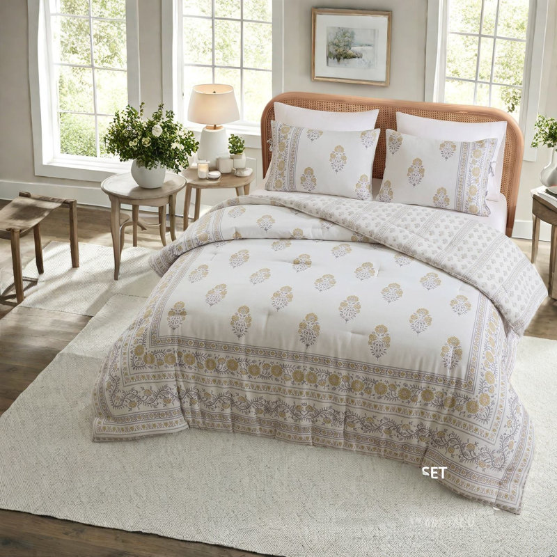 -Piece Full Queen Bedding Sets, Reversible Cotton Blend, Blush Gold Floral