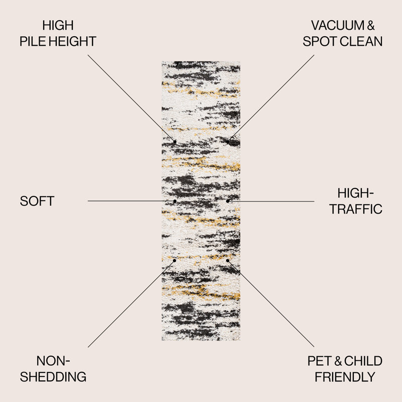 Jubei Modern Bold Strie' Shag Beige/Black/Yellow Rug, Runner 2'3" x 8'
