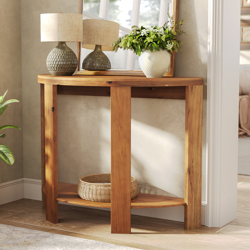 Console en bois massif, canapé demi-rond avec tablette inférieure