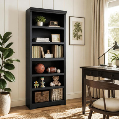 6-Tier Embossed Open Bookcase, 31.5" Wide Storage Rack - Black