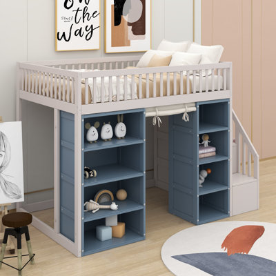 Lit mezzanine double avec armoires et rideau
