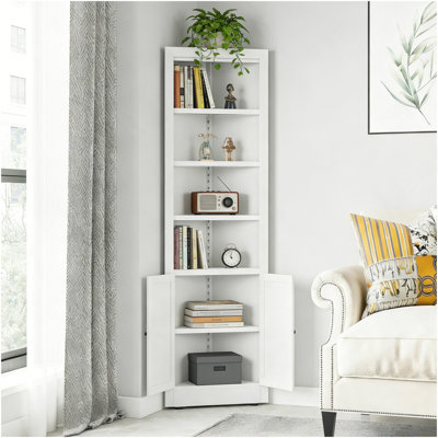 71" Tall Corner Storage Cabinet With 2 Doors, 5-Tier Metal Cabinet With Adjustable Shelves, Freestanding Kitchen Storage For Pantry, Living Room, Bathroom, Laundry Room, Space Saving Furniture, White