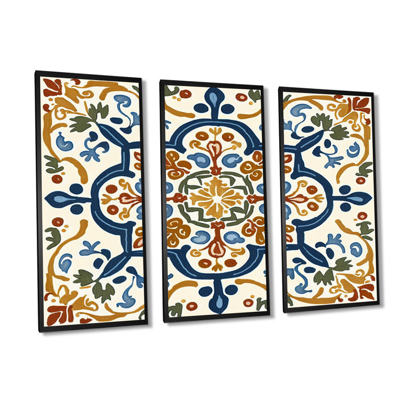 «Méditerranée Tiles in Retro Blue IV», reproduction sur toile 3 pièces, Toile encadrée noire, H 20 po x l 36 po x P 1 po