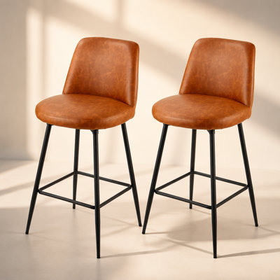 Ensemble de 2 tabourets de bar modernes en cuir synthétique avec fonction pivotante, dossier et pieds en métal pour la cuisine et la salle à manger, brun