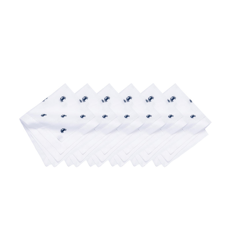 Navy Crab Embroidered Hemstitch Napkins Set of 6