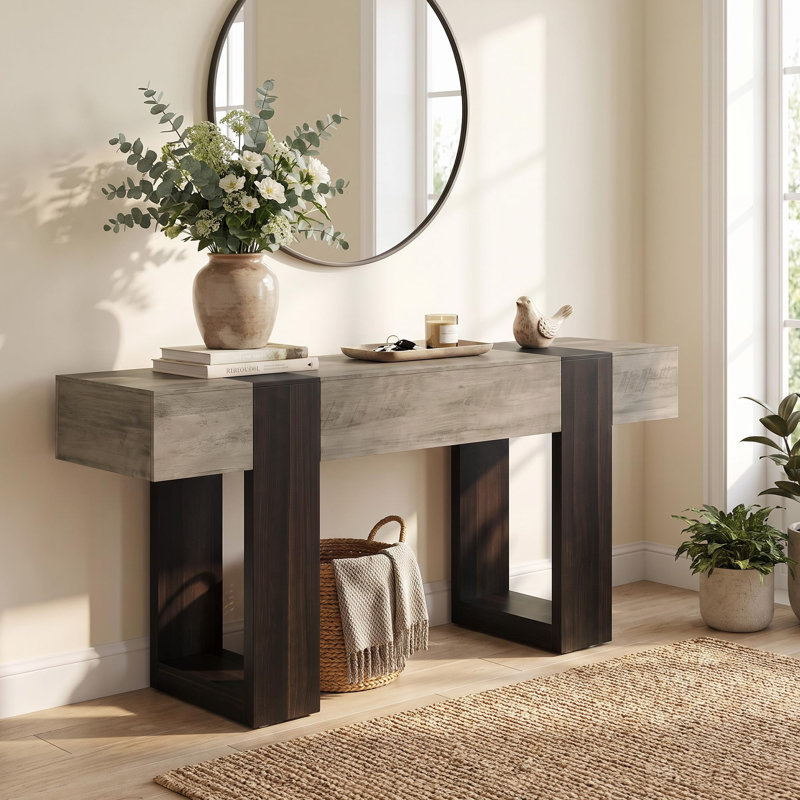 Console d'entrée bicolore de 63 po avec tablette inférieure, style campagnard, piètement en U robuste, grise, Gris / Brun