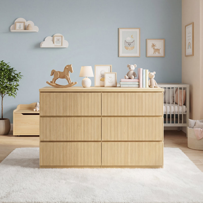 Commode 6 tiroirs Modern avec façades à panneaux ondulés pour la chambre à coucher et le salon | Idée de cadeau, Tanné