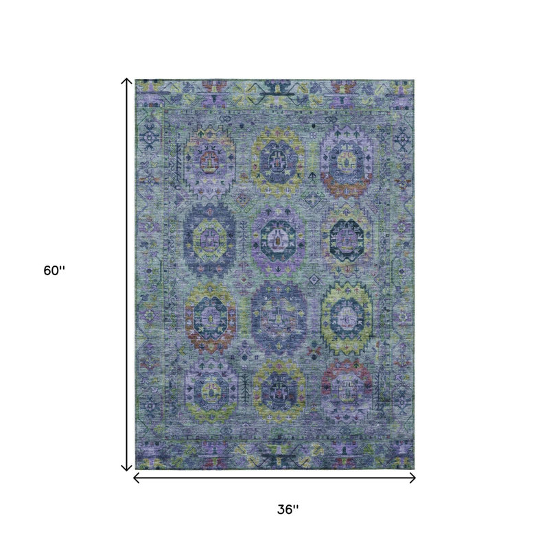 Tapis lavable intérieur/extérieur à médaillon vert, bleu et violet 90 x 150 cm