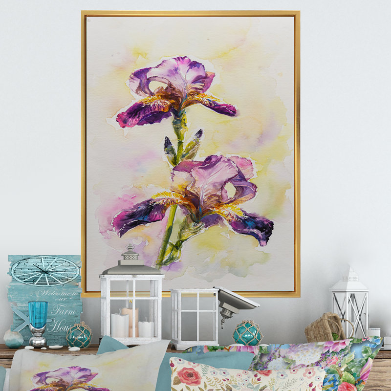 Aquarelle Iris fleur rose - décoration murale traditionnelle sur toile, H 40 po x l 30 po x P 1,5 po